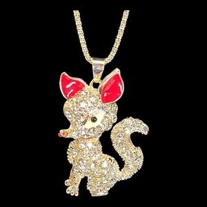 Gold Tone Rhinestone 3D Fox Articulated Pendant Necklace 28"